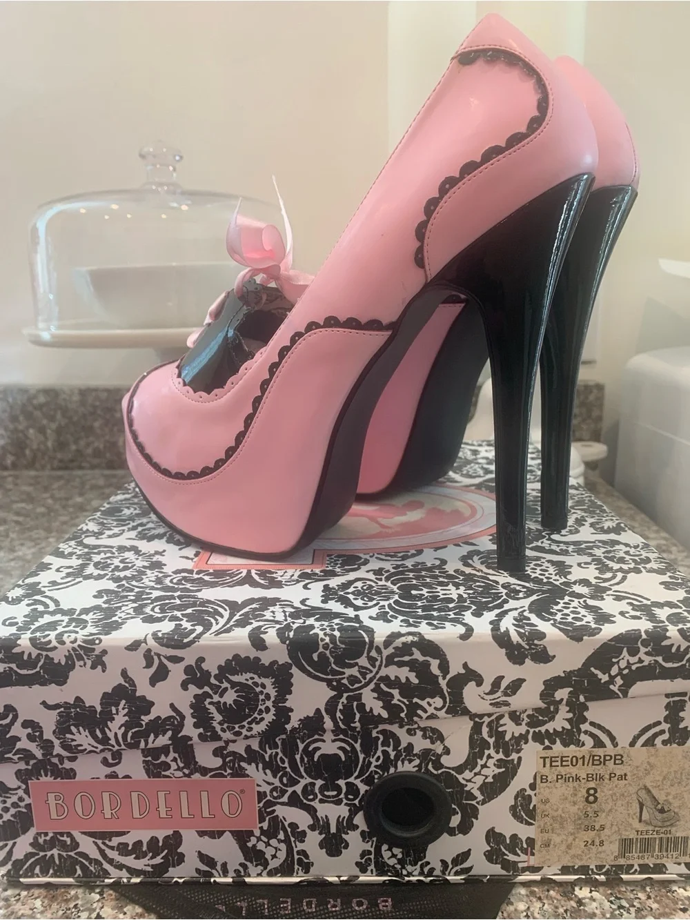 Bordello Pink Patent Platform Pumps with Black Trim and Ribbon